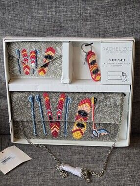 Rachel Zoe Beaded Winter Ski Snowboard Clutch Coin Purse & Key Chain 3-Piece Set